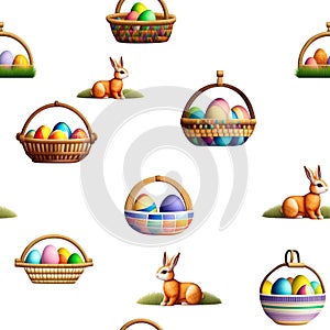 Wallpaper of baskets easter eggs and cute rabbits on white background for flips mirror. Pattern mirrored. Generative AI