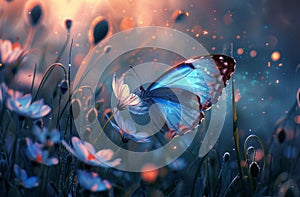 wallpaper blue butterfly flying through green grass with blue poppies