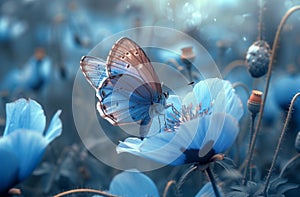 wallpaper blue butterfly flying through green grass with blue poppies