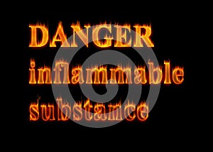 Wallpaper Danger inflammable substance with letters burning effect and fire detail on black background. photo