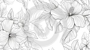 Wallpaper design with floral paint brush line art. Leaves and flowers nature design. Coloring book page for kids and adult