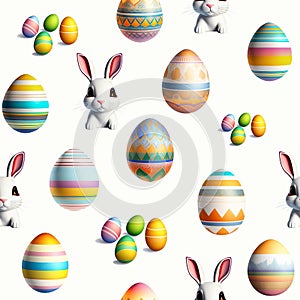 Wallpaper of easter eggs and cute rabbits on white background for flips mirror. Pattern mirrored. Generative AI