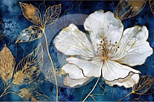 The wallpaper features a large botanical flower in an alcohol ink style on a navy blue background