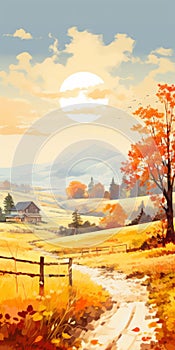 Autumn Countryside Landscape: Ps1 Graphics With Farm Security Administration Aesthetics photo