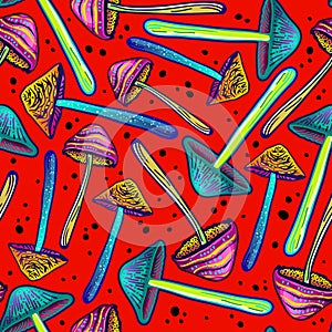 Wallpaper of hallucinogenic mushrooms. Seamless vector pattern of different psilocybin mushrooms. Beautiful wrapping paper from