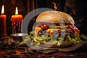 Wallpaper image of a beef hamburger with melted cheese. with a Halloween theme