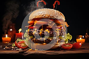 wallpaper image of beef hamburger on wooden background with a Halloween theme