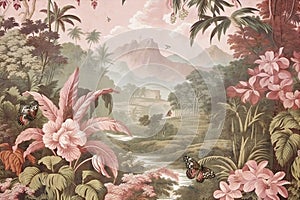 wallpaper jungle and leaves tropical forest mural birds and butterflies old drawing vintage background