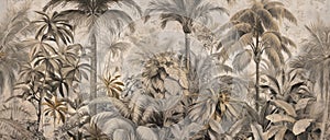 wallpaper jungle and leaves tropical forest mural birds and butterflies old drawing vintage background