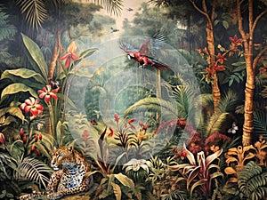 wallpaper jungle and leaves tropical forest mural parrot and birds butterflies leopard old drawing vintage background