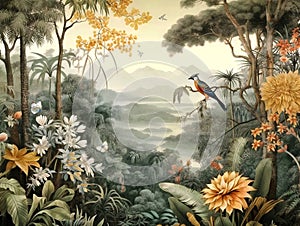 wallpaper jungle and leaves tropical forest mural parrot and birds butterflies old drawing vintage background