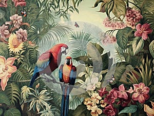 wallpaper jungle and leaves tropical forest mural parrot and birds butterflies old drawing vintage background