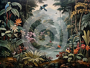 wallpaper jungle and leaves tropical forest mural parrot and birds butterflies old drawing vintage background