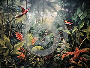 wallpaper jungle and leaves tropical forest mural parrot and birds butterflies old drawing vintage background