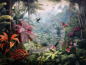 wallpaper jungle and leaves tropical forest mural toucan bird and birds butterflies old drawing vintage background