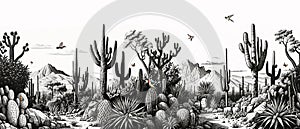 Wallpaper landscape pattern of the desert environment, cacti trees, birds and butterflies with a black and white background