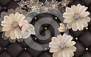 3d wallpaper golden jewelry flowers on brouwn leather background photo