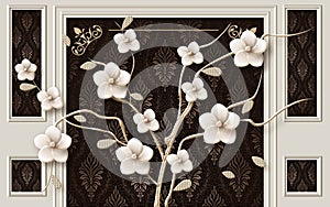 3d wallpaper jewelry flowers on brouwn frame background photo