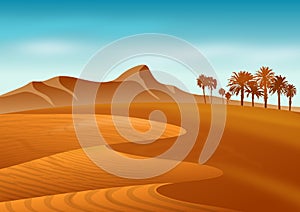 Wallpaper with natural desert landscape with sand dunes, mountains and palm tree. Illustration.