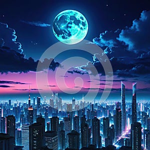 a wallpaper a night cityscape in anime neo crisp neon flat nightsky with a big shiny moon and clouds with