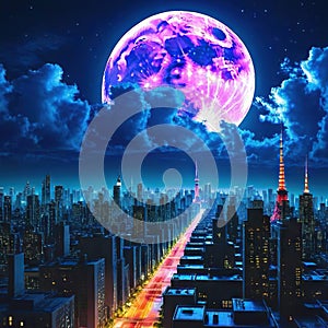 a wallpaper a night cityscape in anime neo crisp neon flat nightsky with a big shiny moon and clouds with