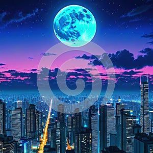 a wallpaper a night cityscape in anime neo crisp neon flat nightsky with a big shiny moon and clouds with