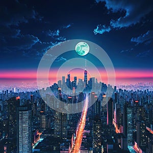 a wallpaper a night cityscape in anime neo crisp neon flat nightsky with a big shiny moon and clouds with