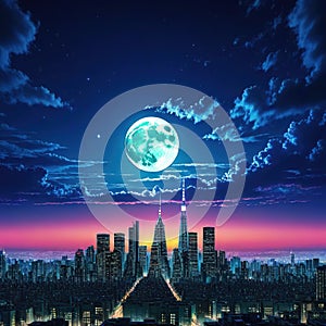 a wallpaper a night cityscape in anime neo crisp neon flat nightsky with a big shiny moon and clouds with