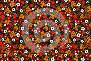 Wallpaper with an ornament of summer motifs, flowers and berries in the style of Russian Khokhloma painting. Vector illustration