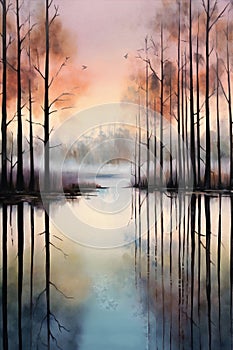 Wallpaper of a painting painted in the colors of the lake surrounded by trees in the fall in a romantic scene