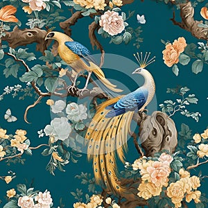 Wallpaper pattern of branches with flowers and parrot birds and butterflies in green background, spring atmosphere