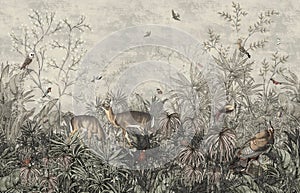 Wallpaper Pattern Draw Tropical Plants Turkish Rooster And Deer Birds Wallpaper Vintage Landscape Background With beige