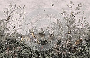 Wallpaper Pattern Draw Tropical Plants Turkish Rooster And Deer Birds Wallpaper Vintage Landscape Background Withpink