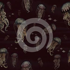 Wallpaper pattern of jellyfish in the depths of the ocean with vintage dark red background.