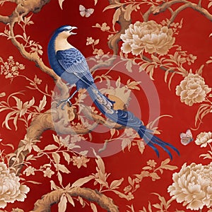 Wallpaper pattern painting of a bird in bright, beautiful colors among flowers, roses, branches and butterflies