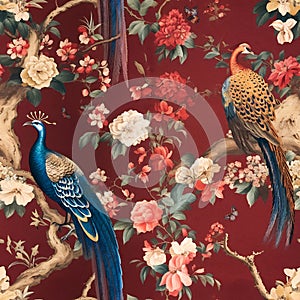 Wallpaper pattern painting of a peacock bird in bright, beautiful colors among flowers, roses, branches and butterflies