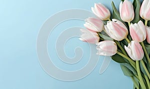 Wallpaper with pink tulips. Flower on blue background. For banner, postcard, book illustration, products display presentation.