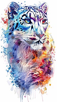 Wallpaper portrait illustration of snow leopard with vivid color walking in watercolor style