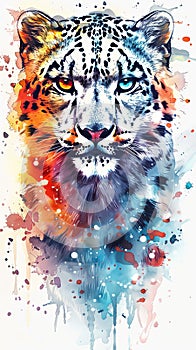 Wallpaper portrait illustration of snow leopard with vivid color walking in watercolor style