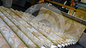 Wallpaper production, wallpaper production process. Movement of wallpaper on the conveyor line