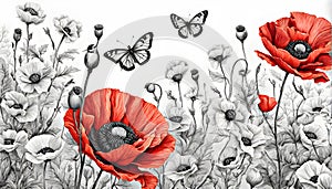 Wallpaper red and black white and black and white watercolor poppies on white background. Watercolor illustration
