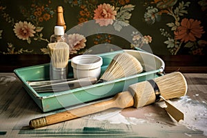 wallpaper roll, trowel, and paintbrushes on tray next to freshly-papered wall