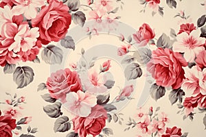 Wallpaper rose floral pink vintage beige monochrome textile nature seamless pattern flower peony