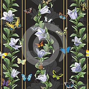 Wallpaper with a seamless pattern with butterflies and flowers on a black background.