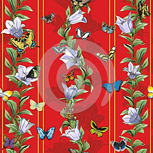 Wallpaper with a seamless pattern with butterflies and flowers on a red background.