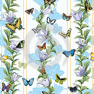 Wallpaper with a seamless pattern with butterflies and flowers on a white background.