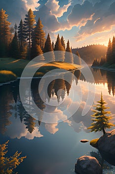 Wallpaper of summer lake, dawn, forest and clouds, reflection in water, dept of field