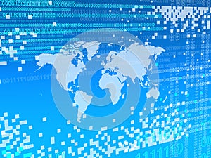 Digital worlmap background with pixels over blue photo