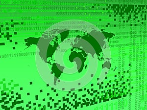 Green Digital background with green pixels and map of the world photo