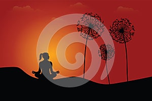 Wallpaper woman yoga meditation. landscape sunset and dandelion with black mountain